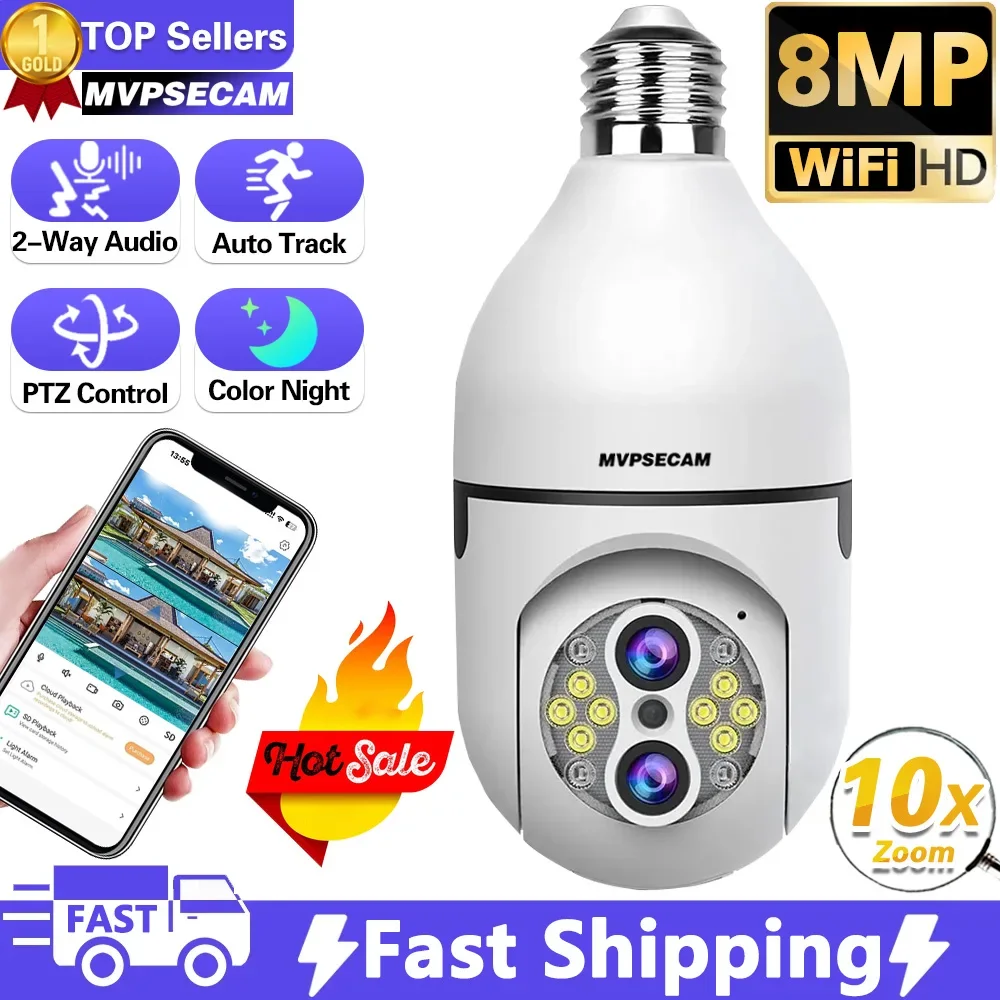 

8MP 4K E27 Bulb Camera WiFi Baby Monitor 10X Zoom Auto Tracking Indoor Video Surveillance Home Security Cam Floodlight Carecam