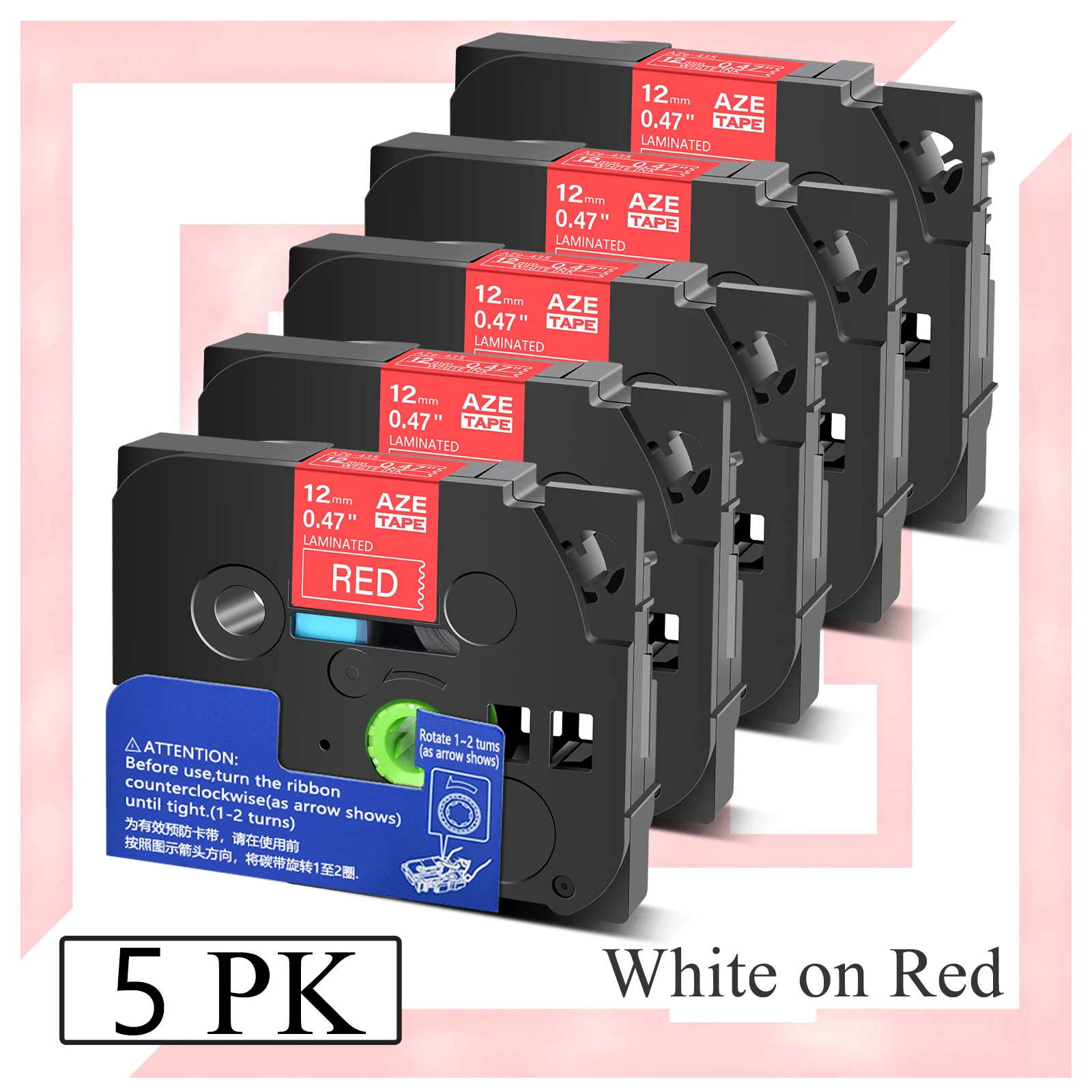 

5PK Label Tape Laminated Compatible Brother TZe-435 6/9/12/18mm White on Red Cartridge Cassette for P-Touch PT-1000 PT-H101C