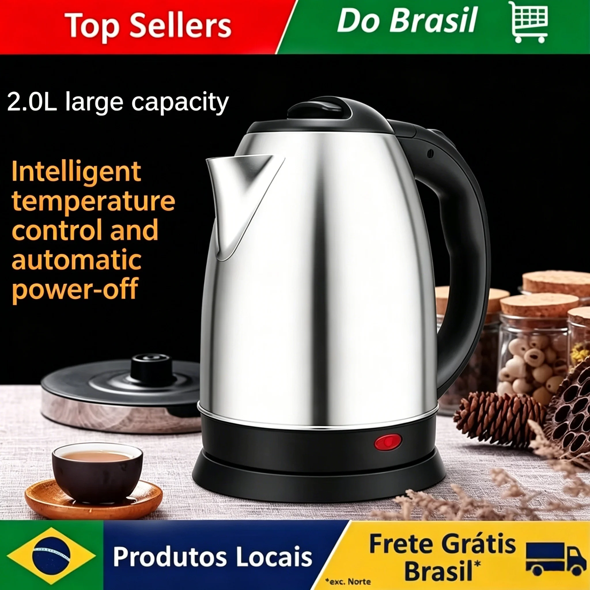 Chaleira elétrica com desligamento automático, capacidade de 2l, aço inoxidável de qualidade alimentar, aquecimento rápido, para casa, escritório, chá, café