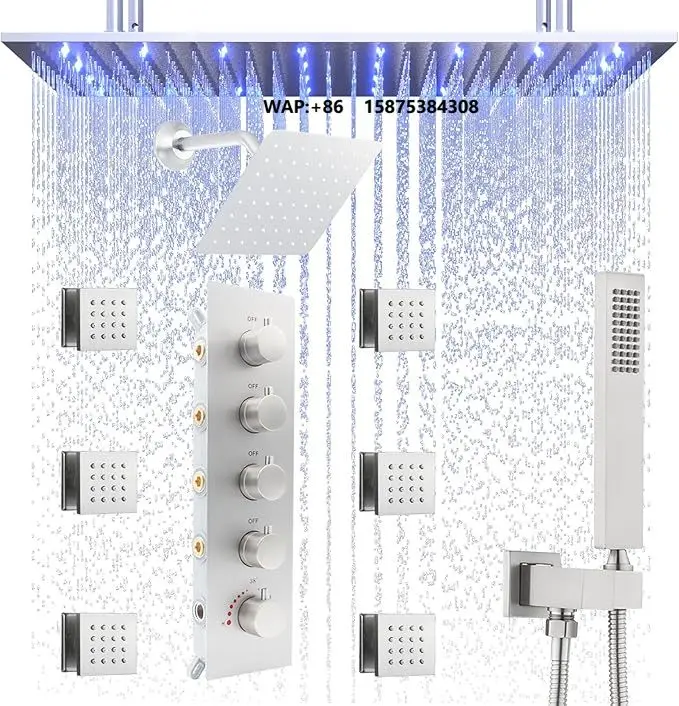 Modern Bathroom Thermostatic Shower Mixer Valve Brass Five Handle Four-Way with Polished Brass Finish Rain Spray Pattern