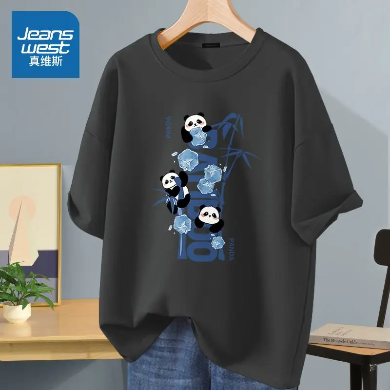 T-shirt estampada do panda dos desenhos animados das mulheres, algodão puro, o-pescoço, manga curta, pulôveres soltos, tops casuais, verão, chique, básico, S-5XL