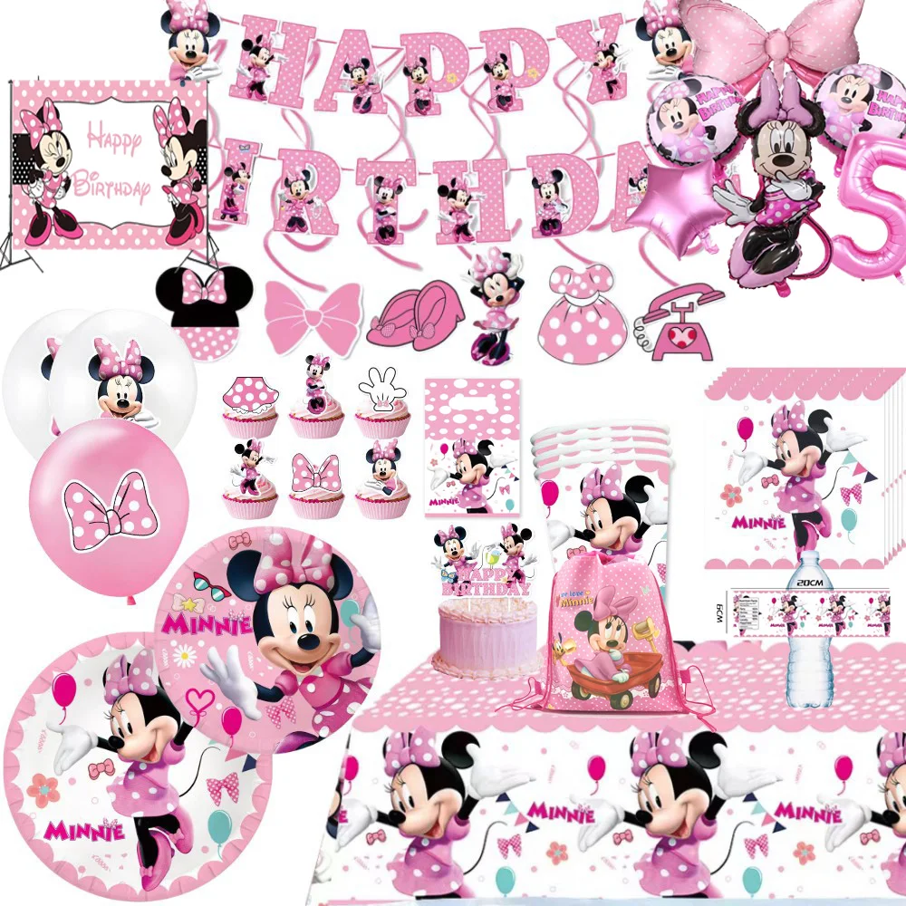 Minnie Mouse Decoration Birthday Party Paper Plate Napkin Cake Disposable Party Tableware Balloon For Baby Shower Girls Supplies