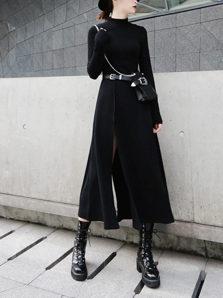 [EAM] Women Red Hem Slit Long Irregular Dress New Turtleneck Long Sleeve Loose Fit Fashion Tide Spring Autumn 2024 1DF4817