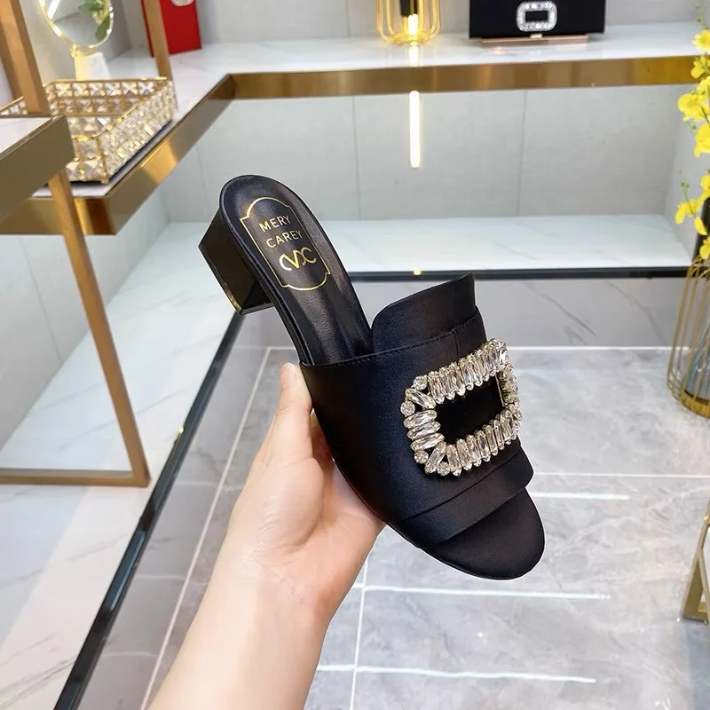 Luxury Rhinestone Square Buckle Satin High-Heeled Sandals Retro Round Head Leaking Toe One-Button Slippers Casual Sexy Sandals