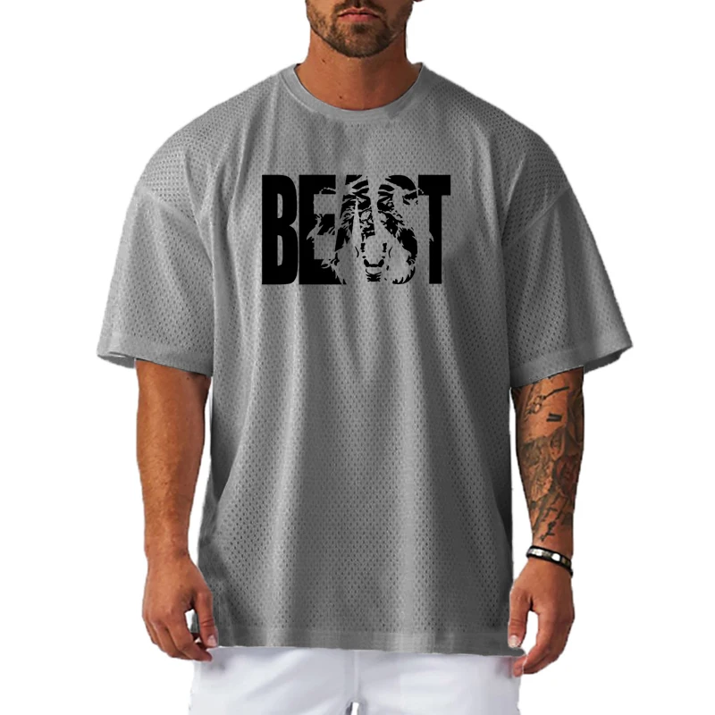 Lauf-T-Shirts für Herren, übergroß, locker, Beast Fitness, Sport, halbe Ärmel, T-Shirt, Sommer, Mesh, schnell trocknend, atmungsaktiv, Gym-Kleidung