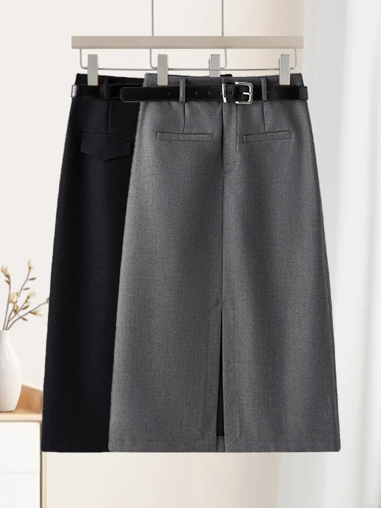 

Серая женская юбка-карандаш миди с высокой талией и разрезом, А-силуэт, весна-осень, в корейском стиле, для офиса