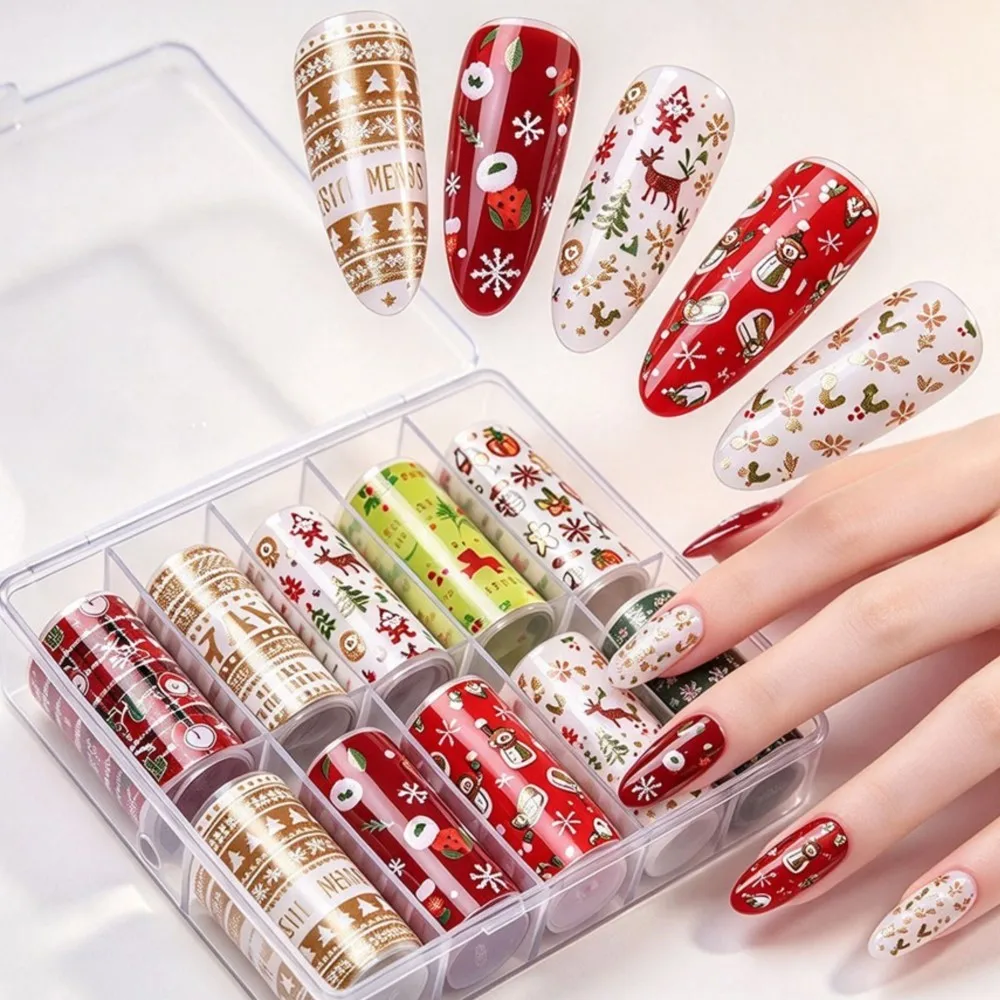 10Rolls 3D Cute Snowman/Elk/Santa Claus Nail Transfer Foil Stickers Christmas Red Green Gold Nail Decals Nail Transfer Sliders
