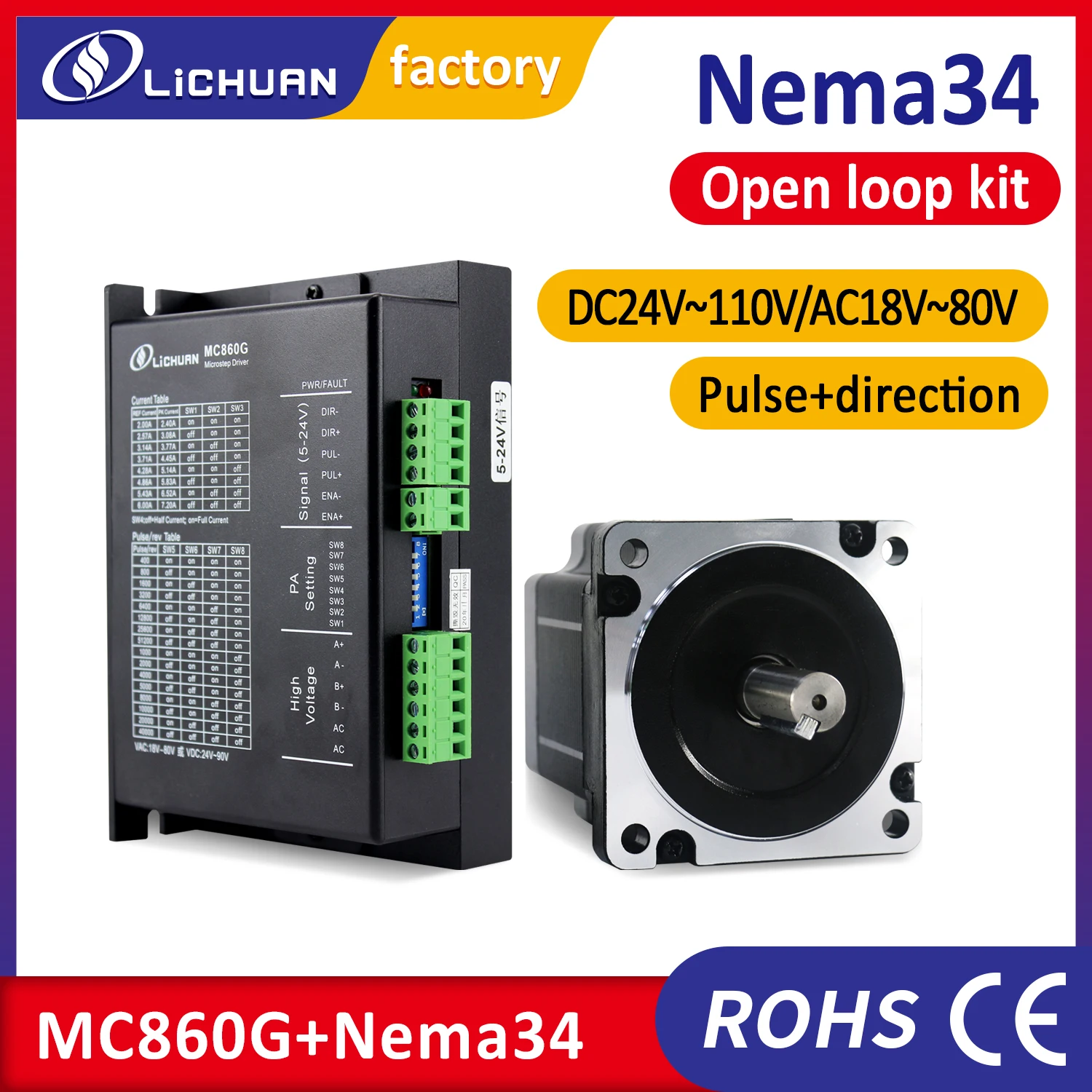 Lichuan Nema34 Stepper Motor 4.5Nm 6.5Nm 8Nm 10Nm 12Nm Open Loop with Step Driver MC860G 7.2A DC24-100V/AC18V-80V for CNC Router