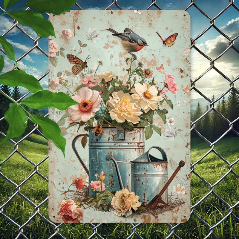 Country Flower Watering Can Iron Metal Tin Brand 8x12 Inch Vintage Kute Iron Wall Art do dekoracji domowego biura