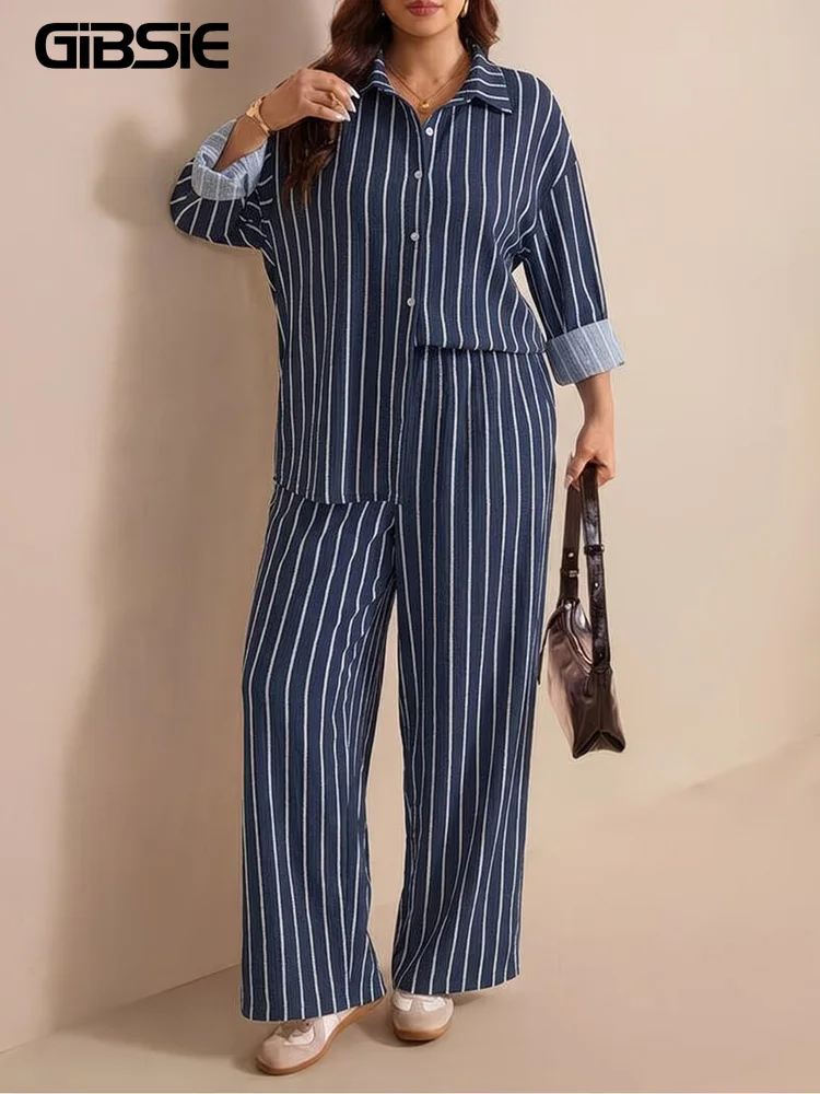 GIBSIE Plus Size Striped Long Sleeved Button Down Shirts and Straight Leg Pants Women's Autumn Casual 2 Piece Set Woman Outfit