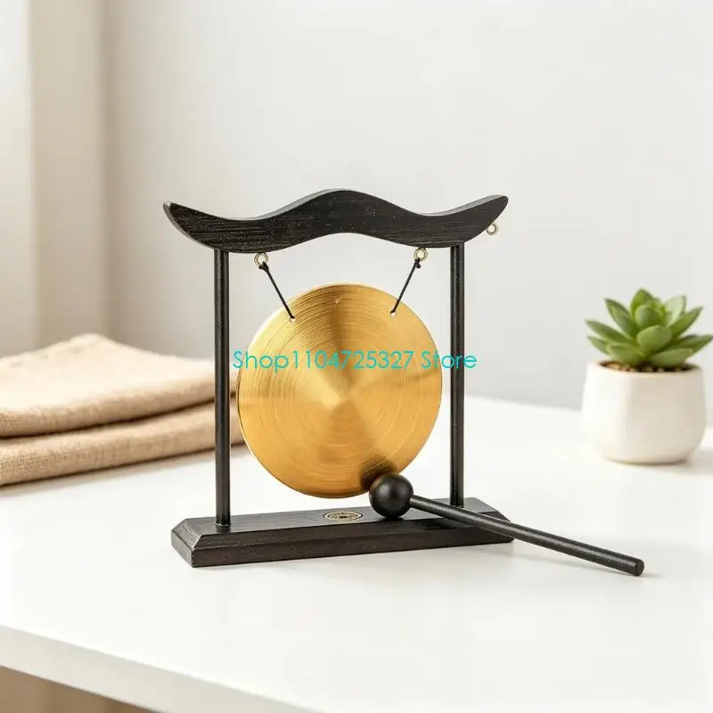 D8KF Metal Desktop Gong Decoration Set with Wood Stand and Mallets, Shelf Accent for Offices, Meditations Space, and Gatherings