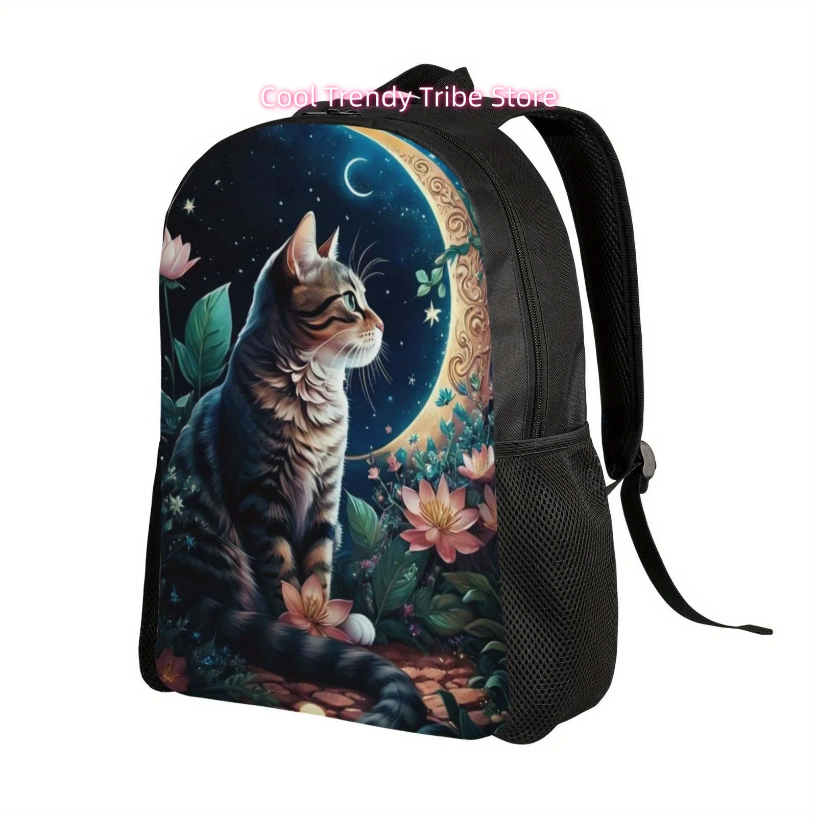 Moon Cat Floral Lightweight Backpack - Adjustable Straps, Large Capacity for Laptop & Books, Perfect for Work, Travel & College