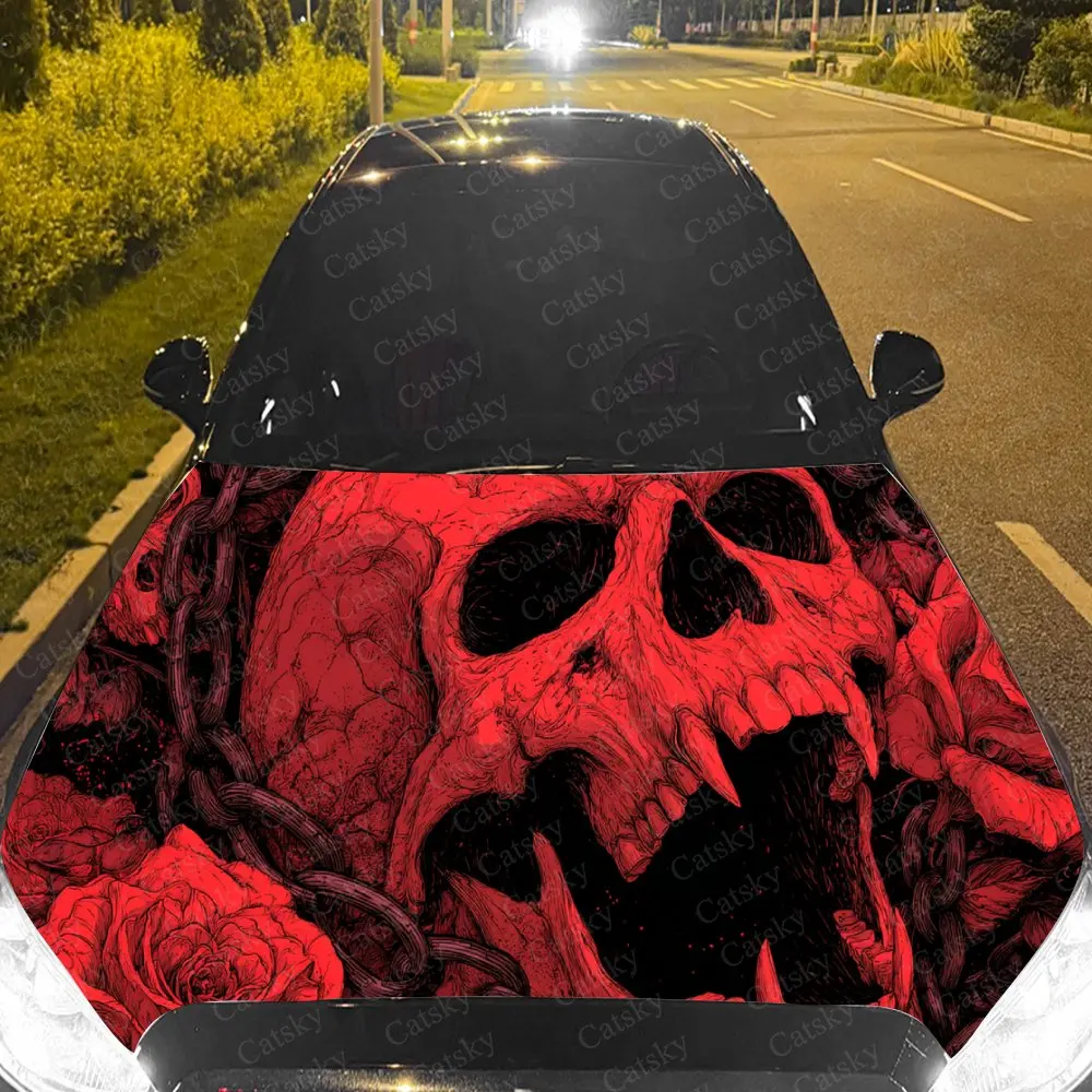 Fantasy Howling Red Skull Rose Car Cover Decal, Auto Hood Sticker, Waterproof and Self-adhesive Auto Vinyl Wraps, Cool Car Exter