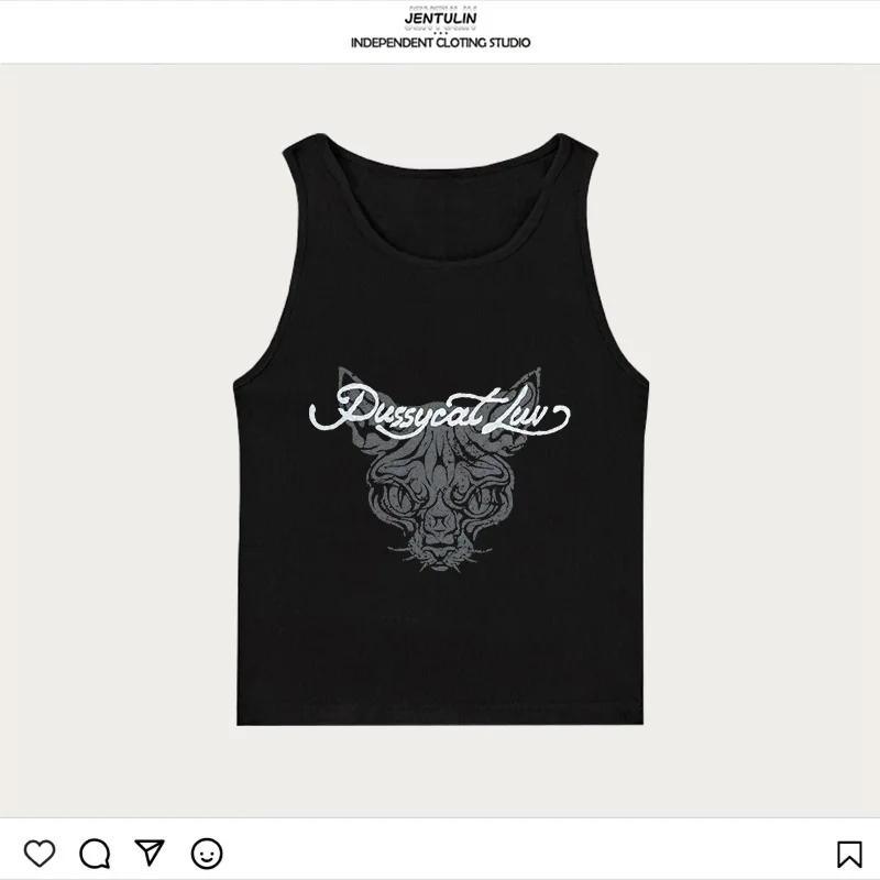 하라주쿠 고스 힙합 푸시캣 러브 그래픽 티셔츠 패션 Y2K 스타일 크롭탑 2000년대 여름 펑크 핫걸 베스트 섹시 탱크탑