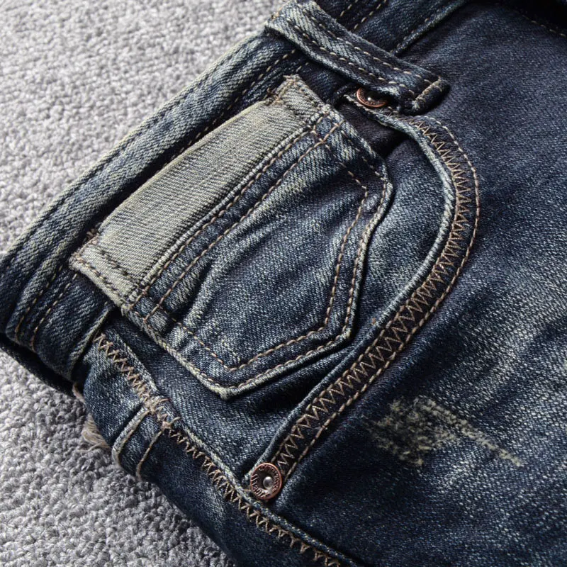 Italian Style Fashion Men Jeans Retro Black Blue Stretch Slim Fit Ripped Jeans Men Vintage Designer Casual Denim Pants Hombre