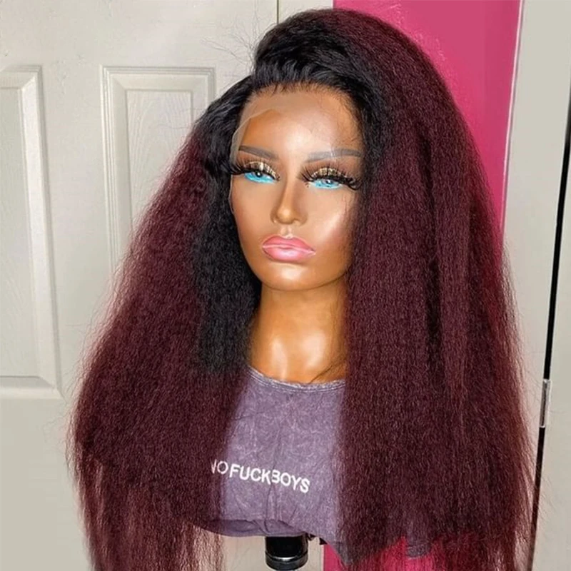 

Ombre 99j Soft 26Inch 180Density Long WIne Yaki Kinky Straight Lace Front Wig For Black Women BabyHair Preplucked Glueless Daily