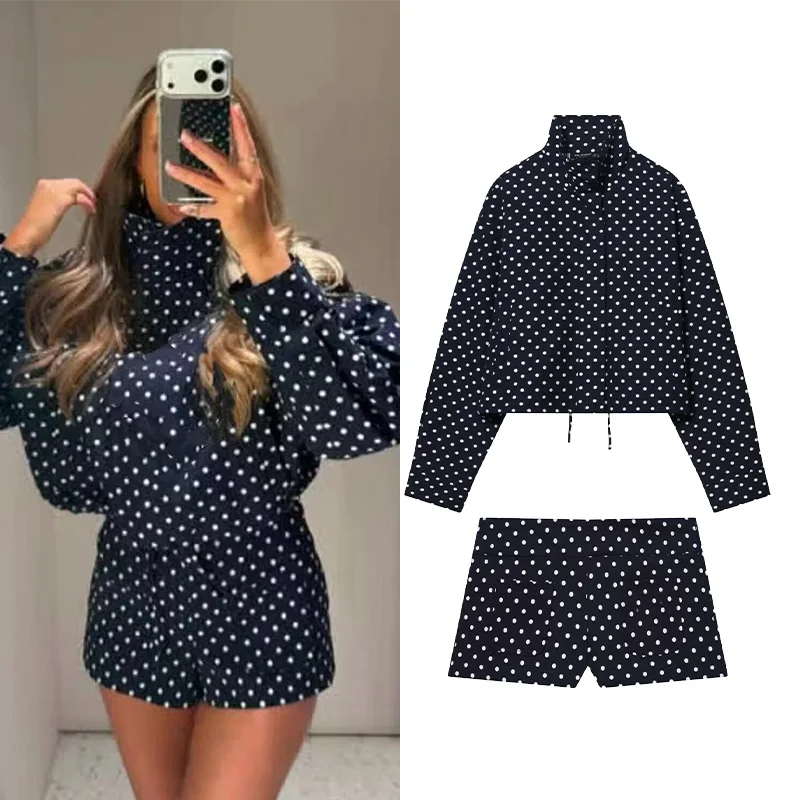 Women's Polka Dot Short Set Spring High Street Long Sleeve Jackets New 2026 Elegant Office Ladies Casual Outerwear Female Outfit