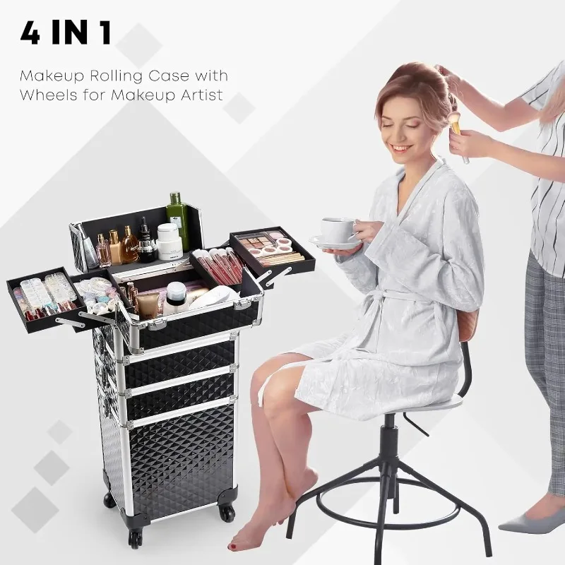 Rolling Makeup Case with Wheels Professional 4 in 1  Train Case and Cosmetology Cart Trunk for Makeup Artists