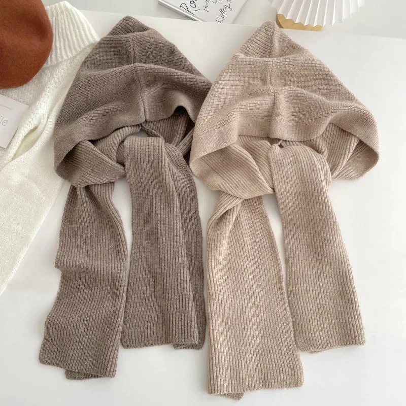 

Korea Hat and Scarf Set Knitted Hooded Shawl Balaclava Hat Winter Thicken Keep Warm Scarf Wool Pullover Hat Gothic Accessories