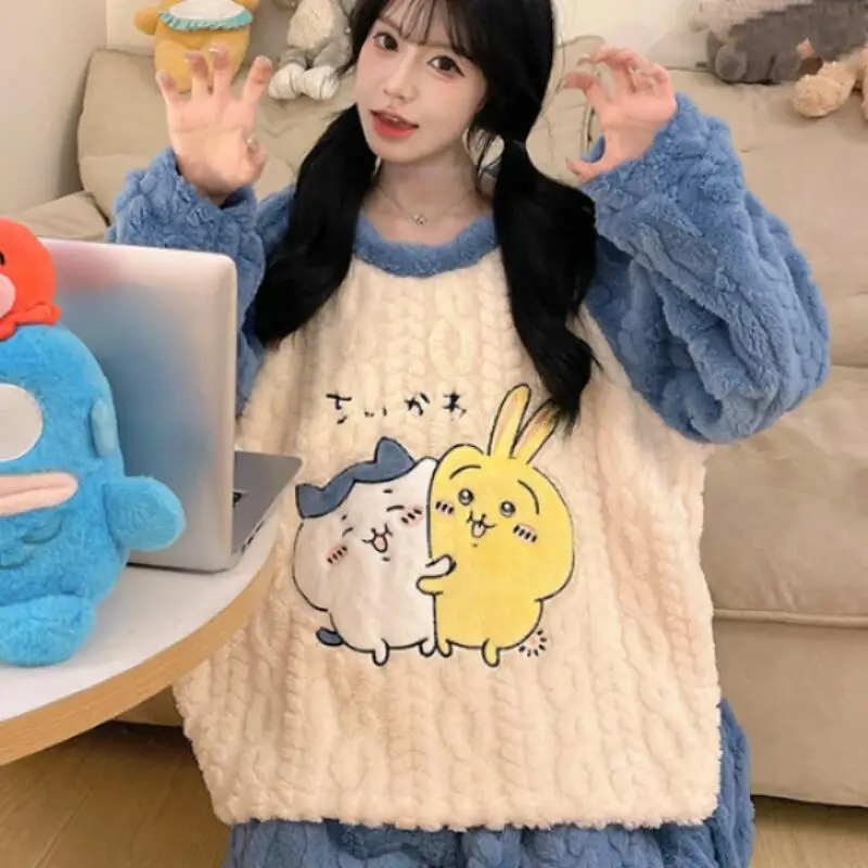 

Женский пижамный комплект в стиле аниме Chiikawa Hellokitty, зимняя утолщенная домашняя одежда для девочек, теплая мягкая удобная ночная рубашка с героями мультфильмов Kawaii