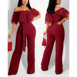 Mono de manga corta con hombros descubiertos para mujer, ropa de noche de una pieza con detalle atado, pierna ancha para fiesta de verano