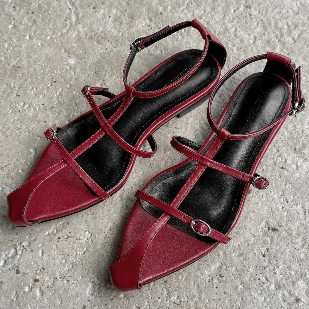 

danxuefei 2025 summer new women's narrow band cow leather t-strap flats sandals casual female daily soft comfort shoes for woman