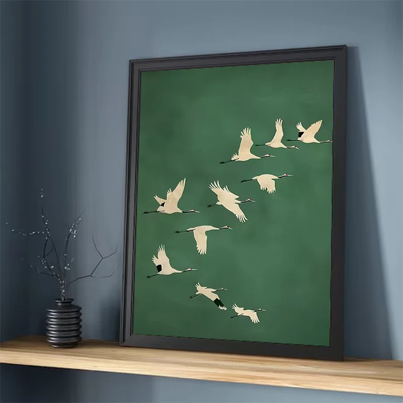 

Emerald Green Cranes Posters Gold Accents Japanese Large Bird Artwork Canvas Painting Wall Art for Living Room Home Decor