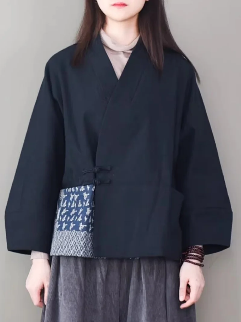 

Chinese Style Linen Jacket Women's Cothing Autumn And Winter 2025 Vintage Button Patchwork V-Neck Large Size Cotton Cothing w734
