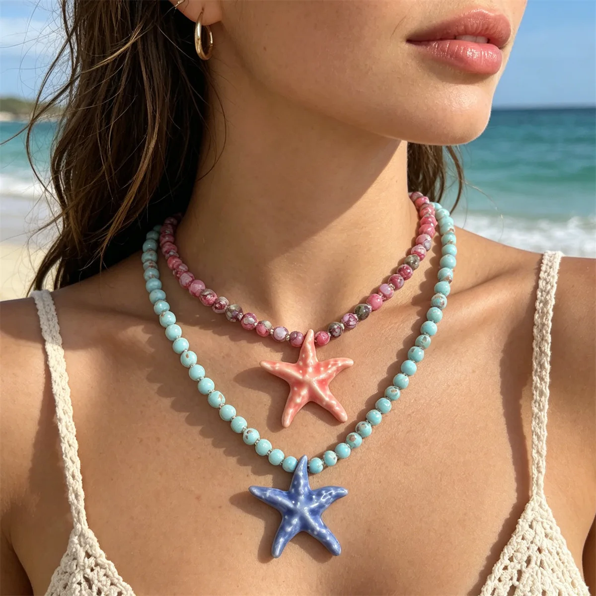 Beach Vacation Style Handmade Bead Starfish Necklace Bohemian Color Collision Ceramic Pendant Lockbone Chain Jewelry