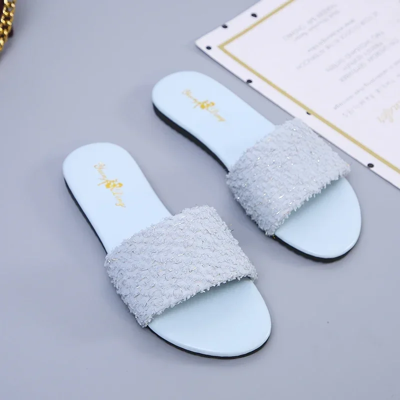 Summer Women's Flat Sandals Plus Size 42 43 Women Outdoor Sequin Open Toe Comfort Casual Slippers 2024 New Slides for Women