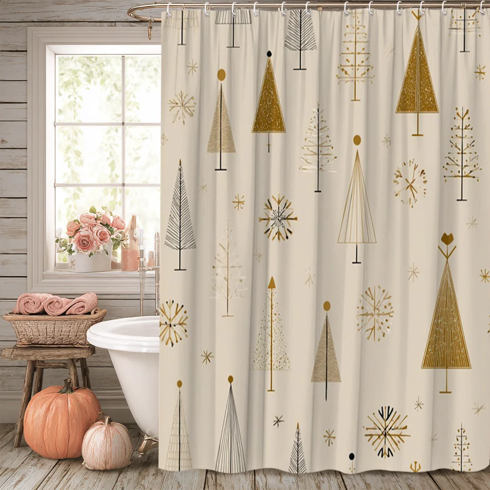 1pc Christmas Shower Curtain Elegant Golden and Black Christmas Tree Pattern Bathroom Decor with Snowflakes Bath Divider Curtain