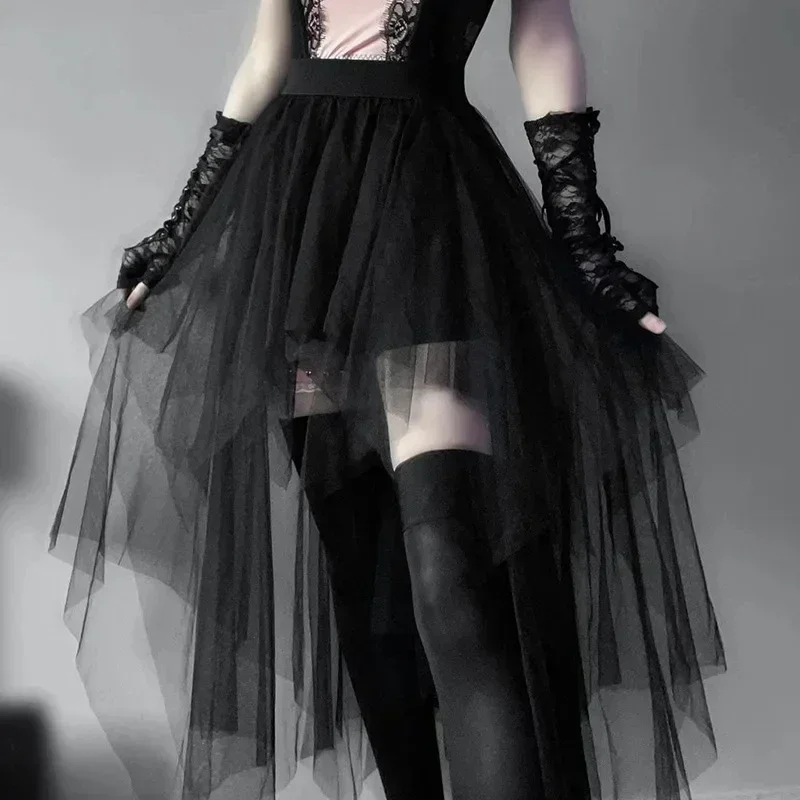 Black Irregular Mesh Skirt Women Y2K Gothic Skirt Front Short Back Long Design Elastic Waist Streetwear Fashion Outfit