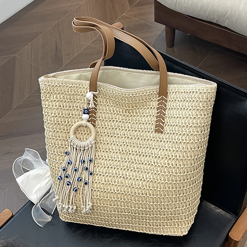 2024Summer Woven Shoulder Bag Women Beach Female Straw Knitted Handmade Large Handbag Purse Travel Tote Underarm Bag bolsa femme