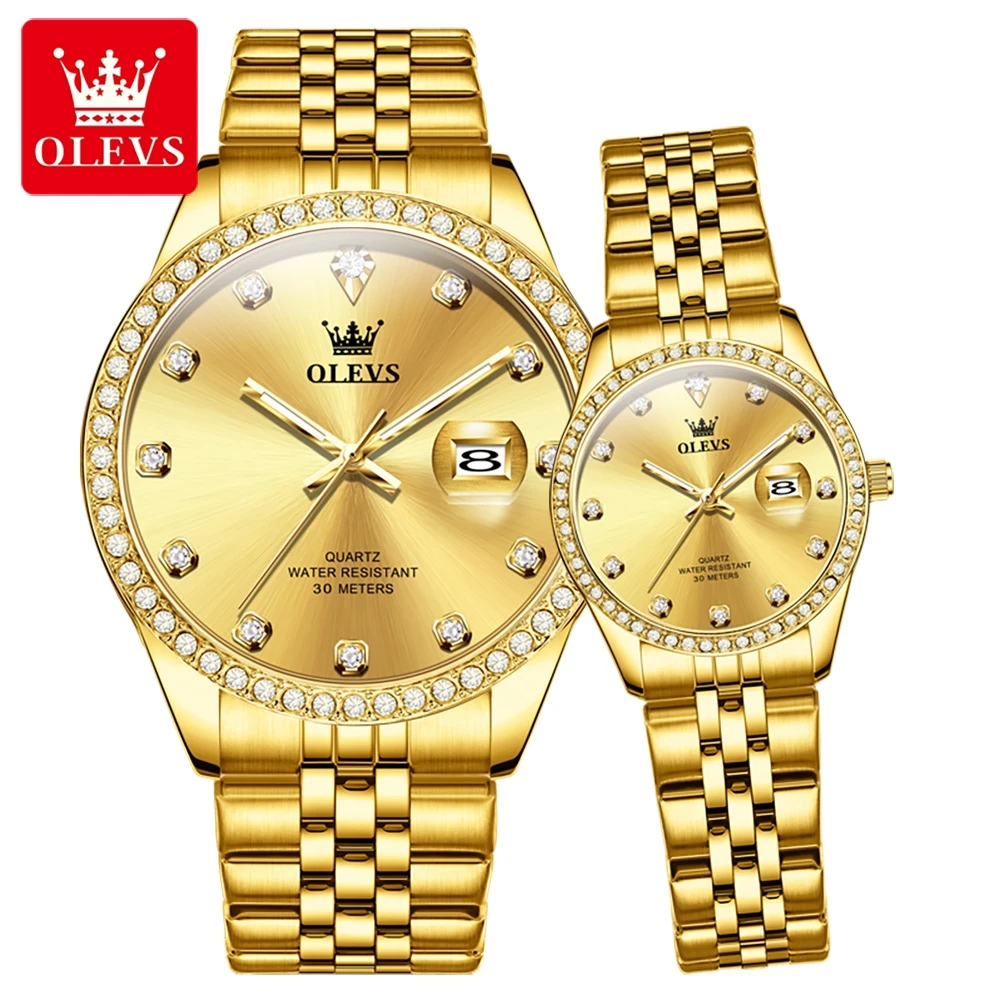 OLEVS Brand Couple Watch Stainless Steel Luxury Gold Watch Waterproof Luminous Calendar Quartz Men's and Women Couple Watches