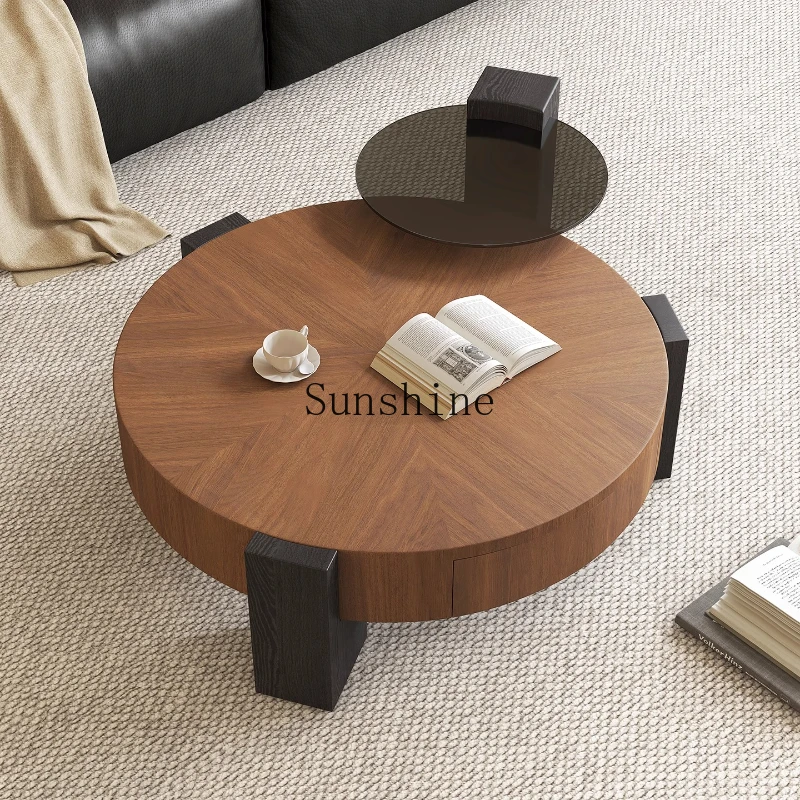 

Solid wood round coffee table French retro living room household small apartment minimalist light luxury