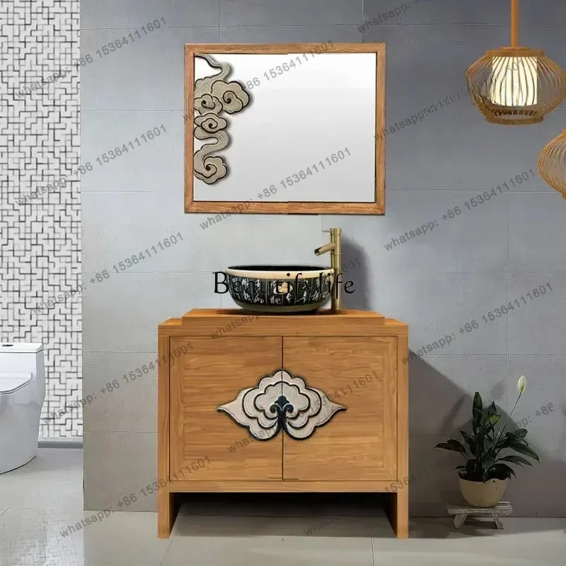 Chinese Solid Wood Bathroom Cabinet Combination Creative Art Table Basin Wash Tea House Wash Face Hand Washing Cabinet