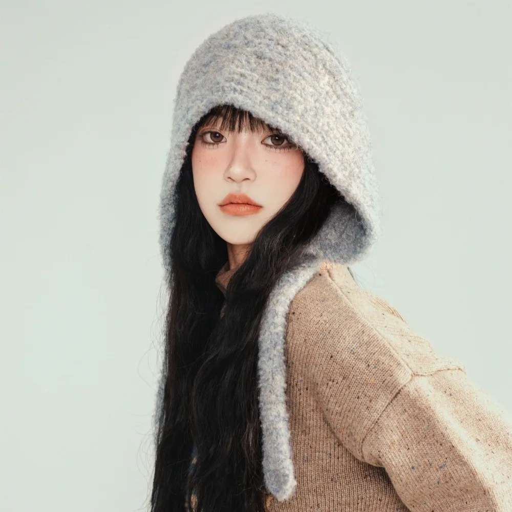 

Acrylic Fibers Knitted Hooded Cap Double Side Triangular Neck Collar Beanies Cap Solid Color Thickened Winter Neckerchief Hat
