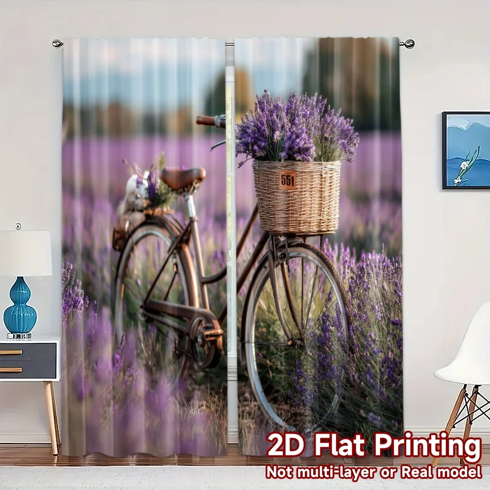 2pcs, 2D FLAT PRINTING Curtains (Without Rod) Lavender Ride Chic Print Curtains Machine Washable Fabric Curtains Room Decor