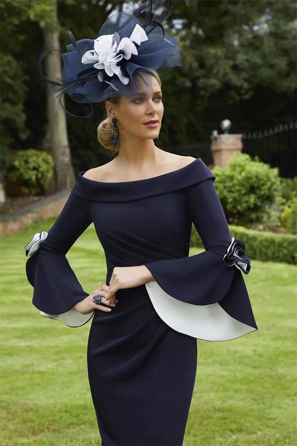 

Tailor Shop mother of bride navy formal gown blue white crepe off shoulder evening gown bell sleeve plus size ruched dress