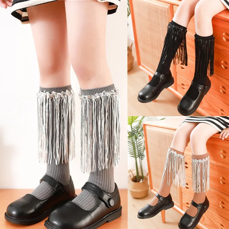 New Sequined Fringed Tassel Baby Girls Stocking Soft Cotton Girls Dancing Knee High Socks Elastic Long Socks For 3-13 Years Kids