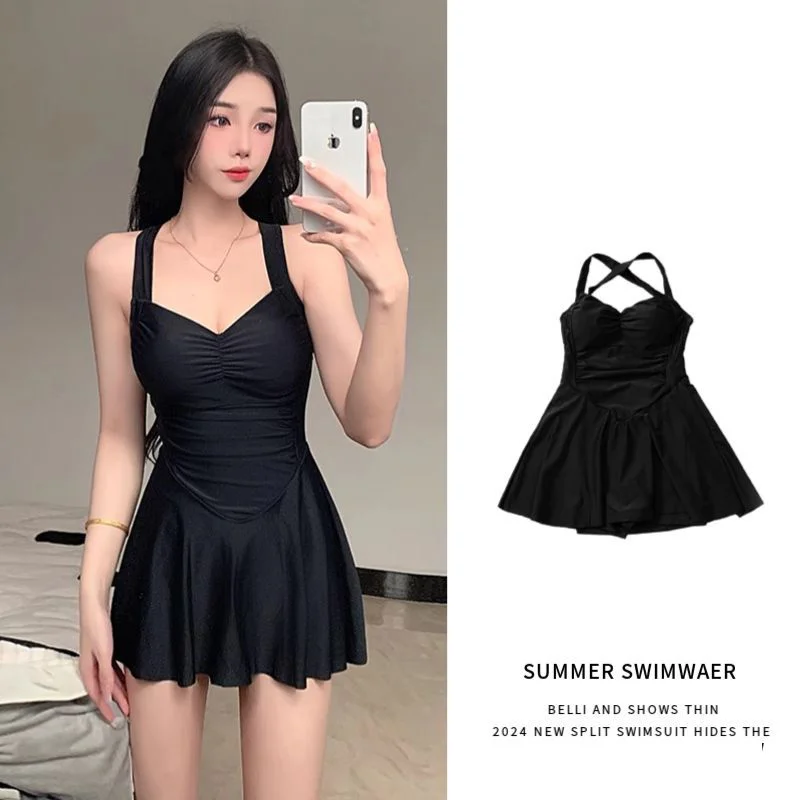 2024 New Korean Style Women\'S Sexy Slimming Conservative Beach Dress Bikini Summer Monochrome Ruffle Swimwear One Piece Swimsuit