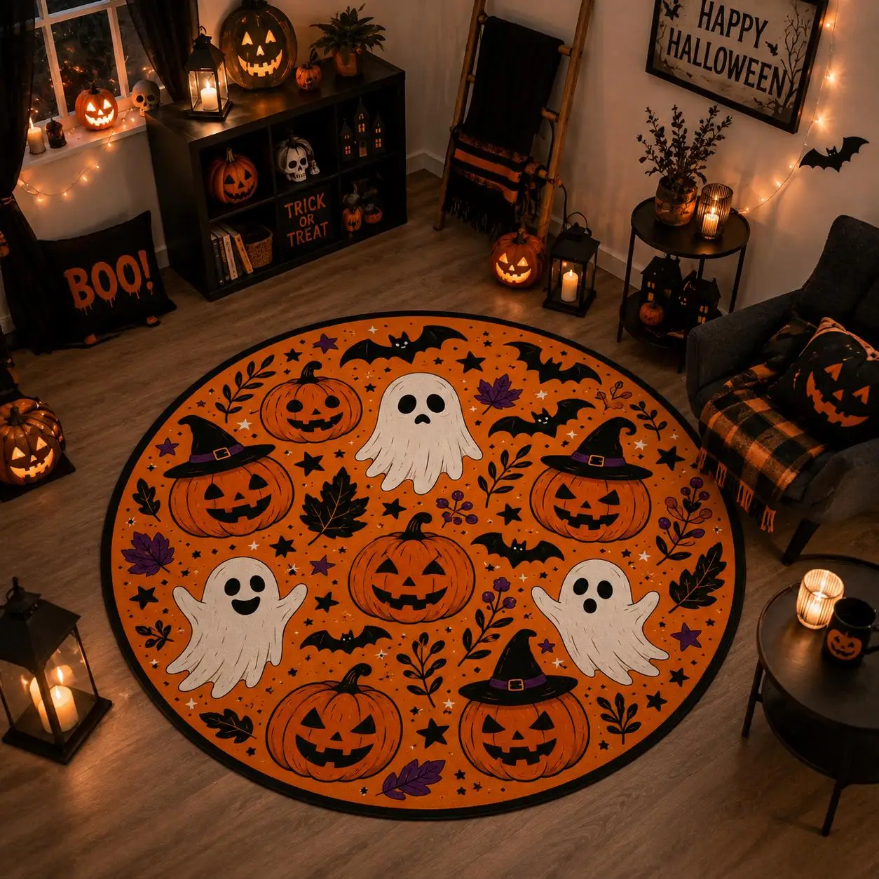 Trendy Halloween 3D Vortex Illusion Round Floor Mat Ghost Pumpkin Bat Party Print for Home Living Room Spooky Season Decor