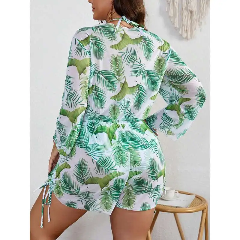 Women 3Pcs Tropical Leaf Bikini Set, Halter Bikini Top Long Sleeve Romper Cover Up, Quick Dry Swimwear for Brazil Beach Vacation