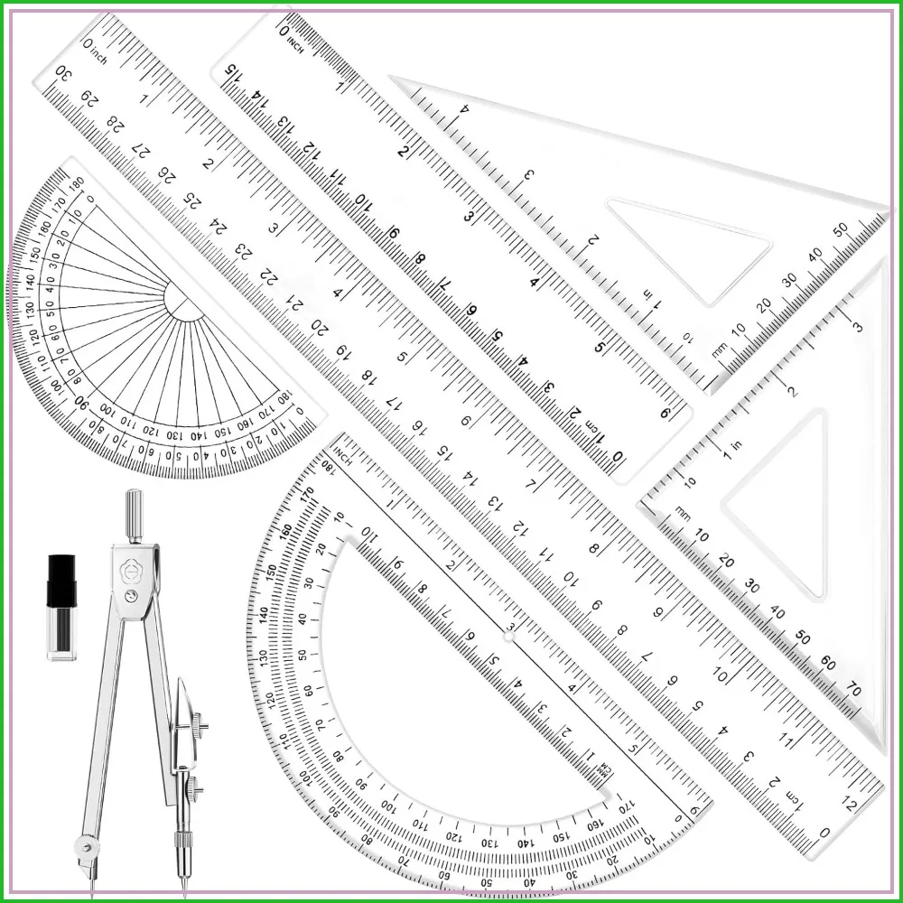 7Pcs Geometry Set, Clear Plastic Rulers, Triangle, Protractor, Compass, 12Inch & 6Inch for School Office Math Drawing