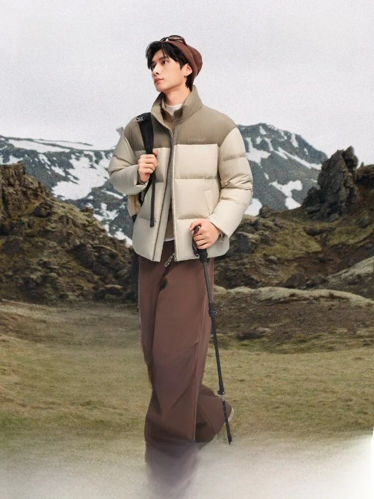 

Bosideng Men's Short down Jacket Stand Collar Printed Letter Splicing Fashionable Thickened Polyester Fiber Warm Zipper Closure