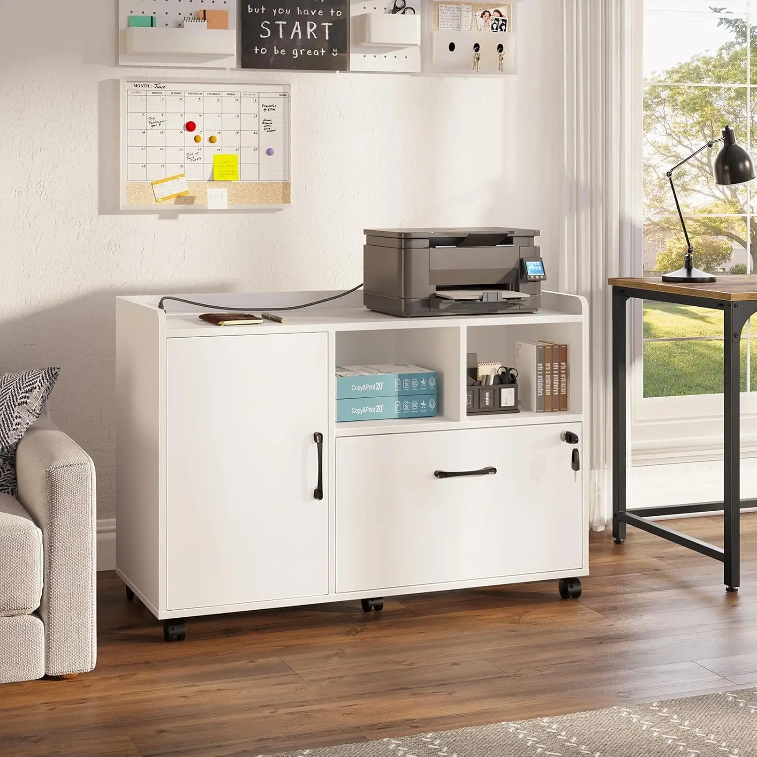 Mobile horizontal filing cabinet with lockable drawers, printer stand with open storage rack with wheels