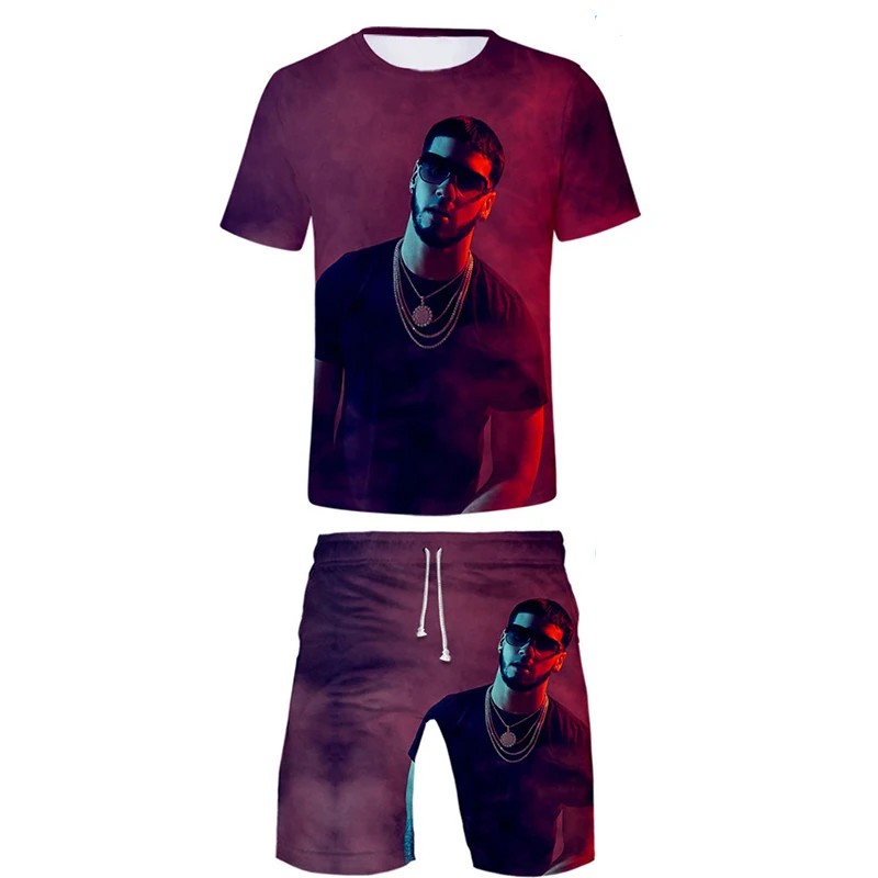 Summer Men\'s Tracksuit Rapper Anuel AA 3D Print T-shirt Shorts Sets 2 Pieces Streetwear Man Sportswear Suits Oversized Clothing