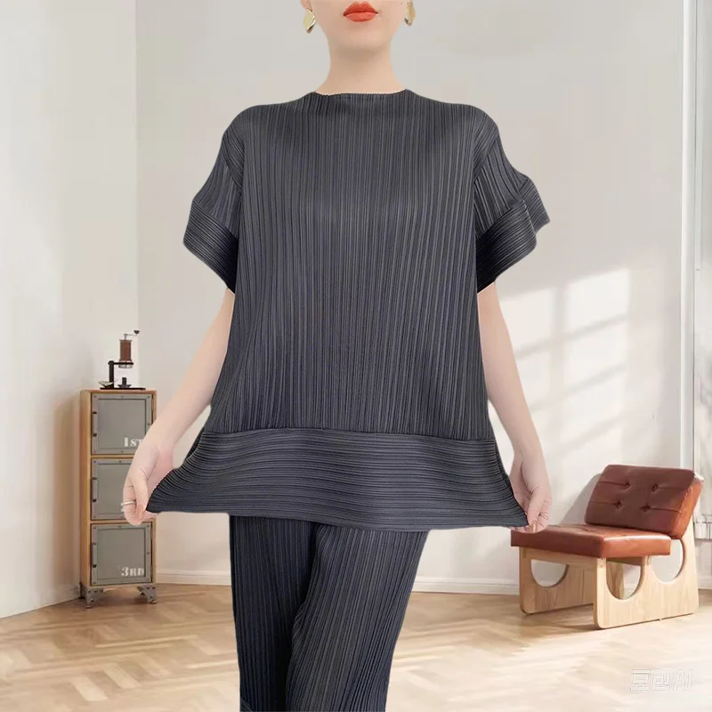 

Плиссированная футболка Miyake, лето 2025 г., плиссированные топы, женская удобная повседневная лоскутная футболка, свободный модный комплект нишевого дизайна