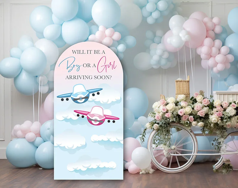 Mehofond Custom 2-Sided Plane Arriving Soon Airplane Boy Girl Gender Reveal Baby Shower Covers Chiara Arch Decor Backdrop Photo