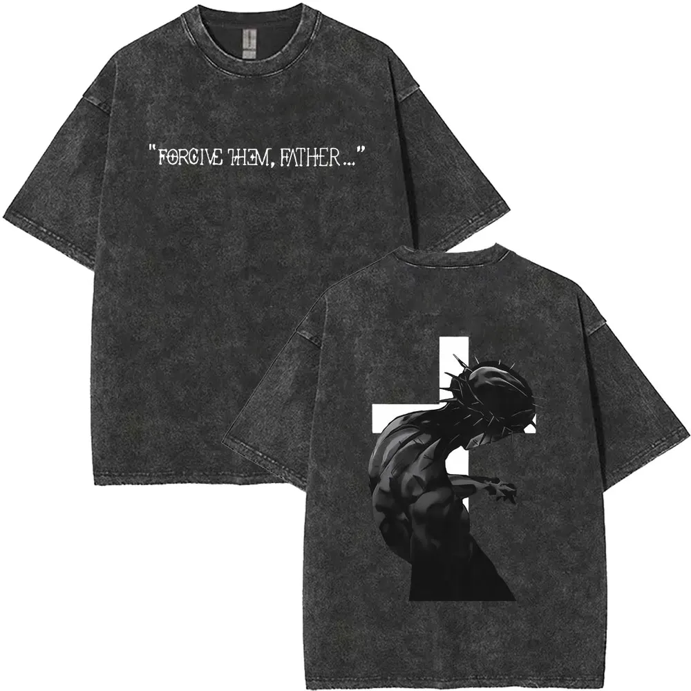 

Washed Vintage T-shirt Christian Religious Jesus Forgive Them Father T Shirts Male Oversized Tshirt Men Women Hip Hop Streetwear